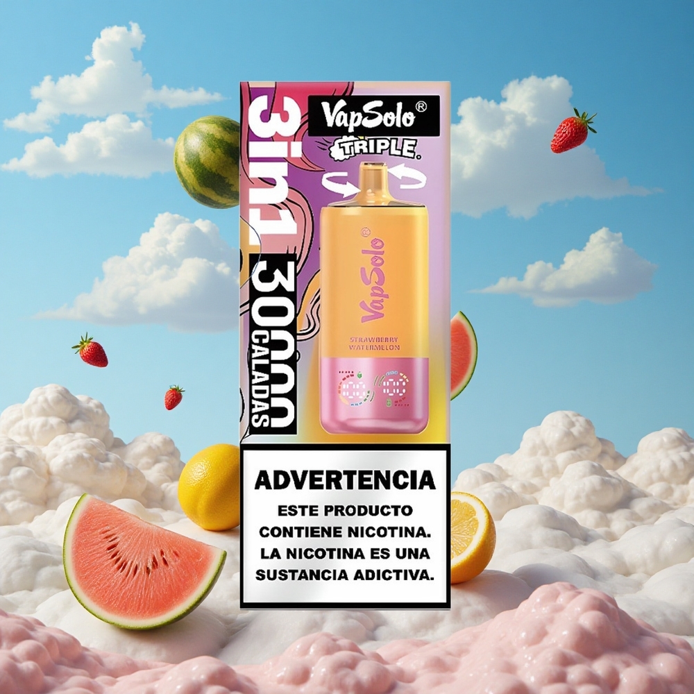 Aardbei Watermeloen & Citroen Perzik VapSolo Triple 30000 Puffs 40ml Belgie Groothandel