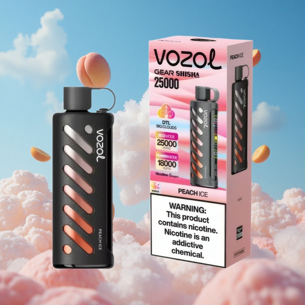 Perzik Ijs VOZOL Gear Shisha 25000 Puffs Dubbele Mesh Spoel Dual Modes Belgie Groothandel