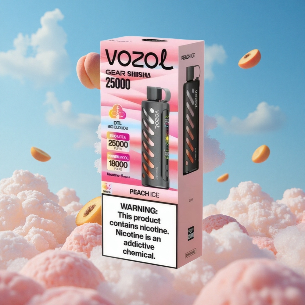 Perzik Ijs VOZOL Gear Shisha 25000 Puffs Dubbele Mesh Spoel Dual Modes Belgie Groothandel